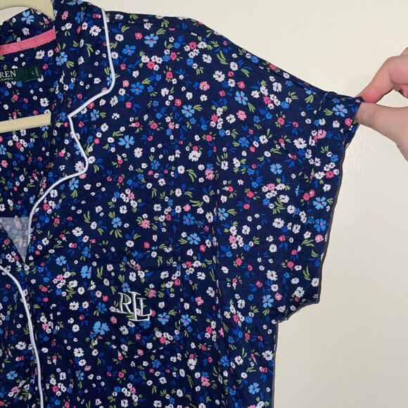 Ralph Lauren Womens Floral Print Pajama Top L Short Sleeve Button-Down Navy - Picture 5 of 7